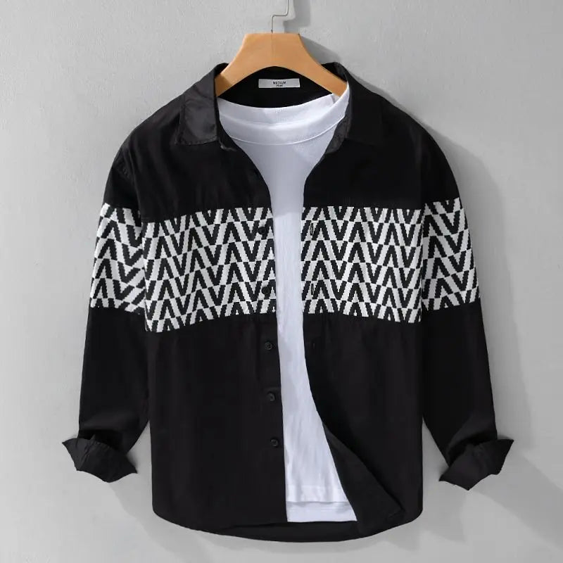 Fashion Lapel Button Spliced Printed Striped Shirts Men Clothing 2025 Spring New Loose Long Sleeve All-Match Tops Casual Shirts