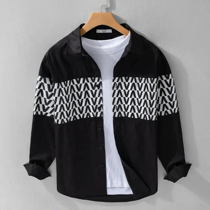 Fashion Lapel Button Spliced Printed Striped Shirts Men Clothing 2025 Spring New Loose Long Sleeve All-Match Tops Casual Shirts
