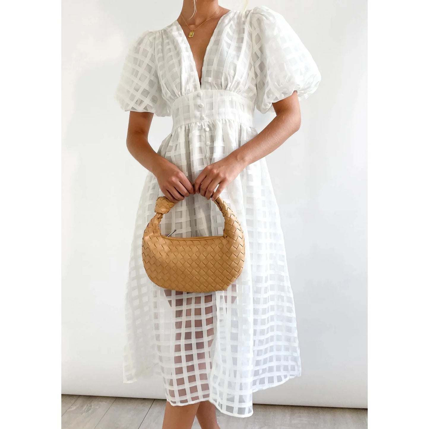 Women Solid Color Short Sleeve Dress V-Neck Lantern Sleeves Hollow Out High Waisted Long Skirt Holiday Casual Women'S Clothes
