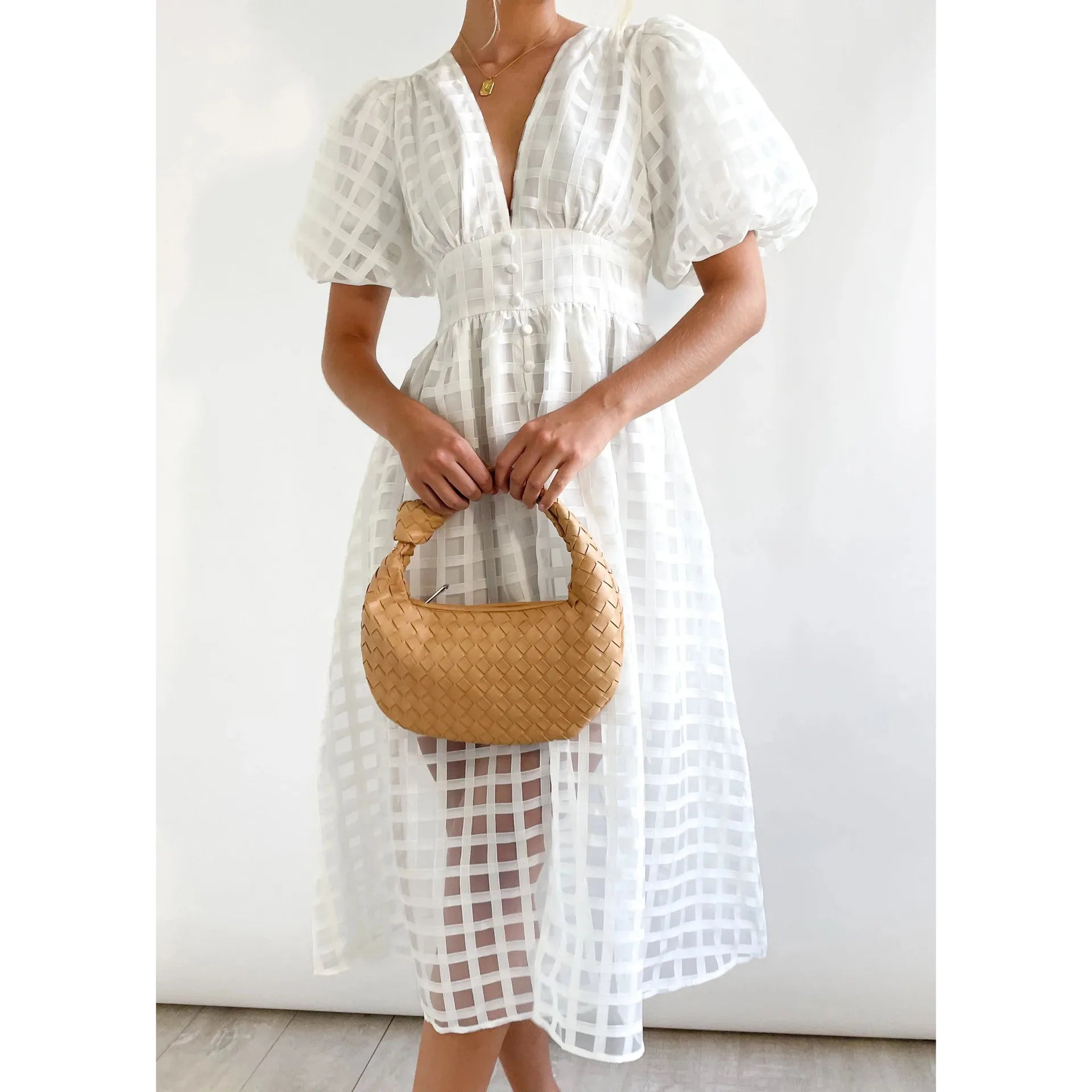 Women Solid Color Short Sleeve Dress V-Neck Lantern Sleeves Hollow Out High Waisted Long Skirt Holiday Casual Women'S Clothes