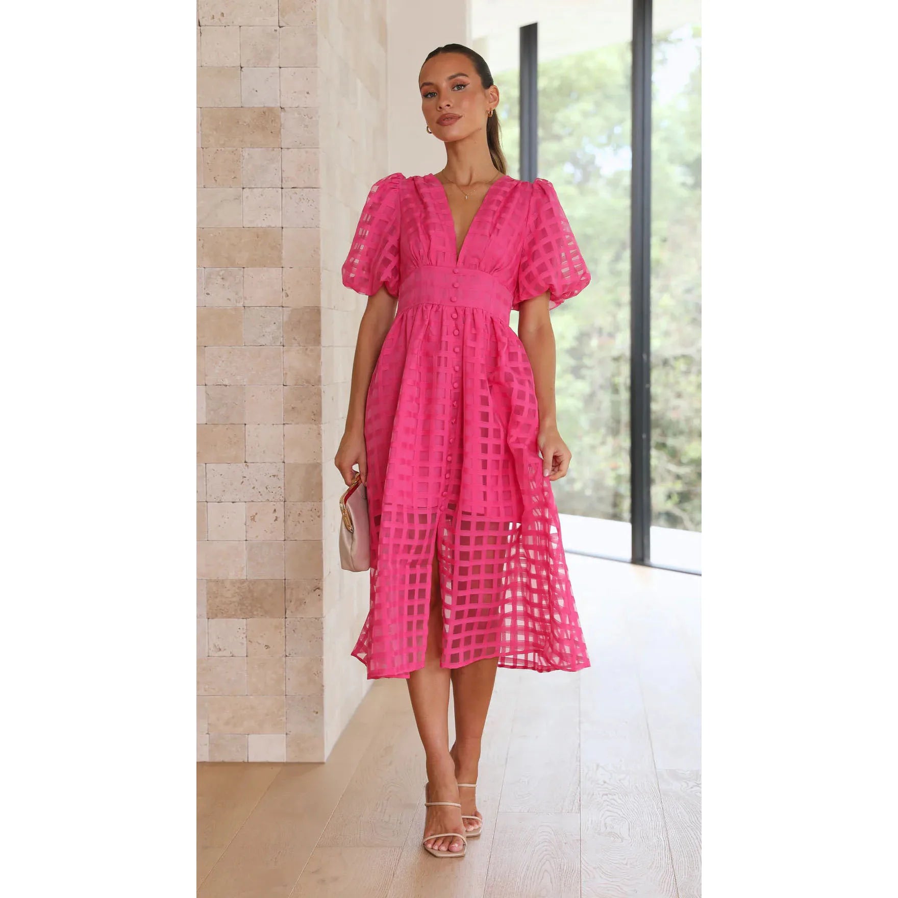 Women Solid Color Short Sleeve Dress V-Neck Lantern Sleeves Hollow Out High Waisted Long Skirt Holiday Casual Women'S Clothes