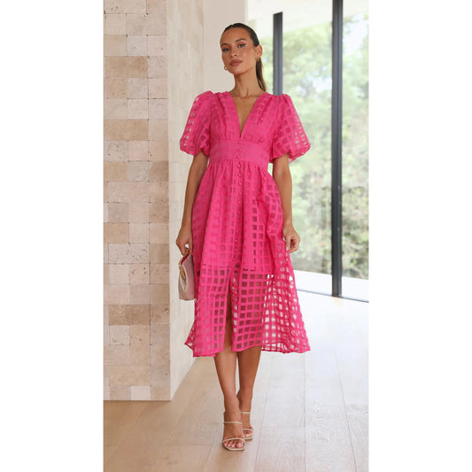 Women Solid Color Short Sleeve Dress V-Neck Lantern Sleeves Hollow Out High Waisted Long Skirt Holiday Casual Women'S Clothes