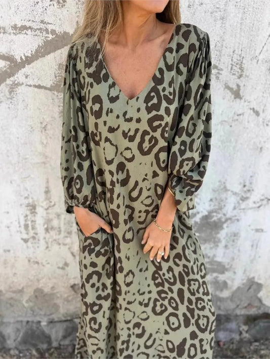 Women 2025 Spring Vintage Leopard Print Loose Long Dresses New Elegant V Neck Pocket Maxi Dress Autumn Lantern Sleeve Dress Robe