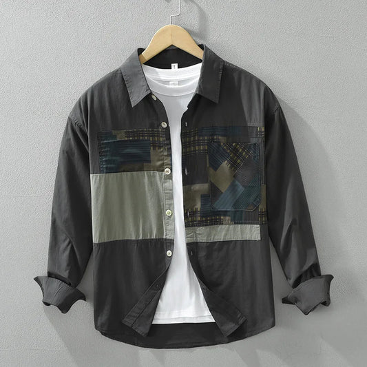 7259 Japan Style Vintage Patchwork Long Sleeve Shirt Men'S Spring Fall Fashion Loose Casual Simple Streetwear Soft Cozy Top Male