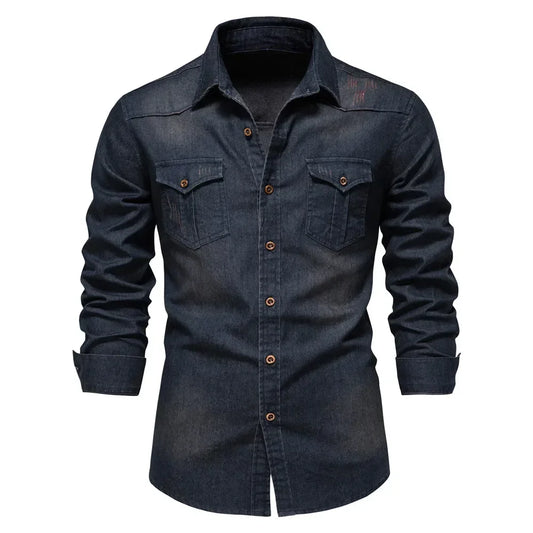 Brand Elastic Cotton Denim Shirt Men Long Sleeve Quality Cowboy Shirts for Men Casual Slim Fit Mens Designer Clothing