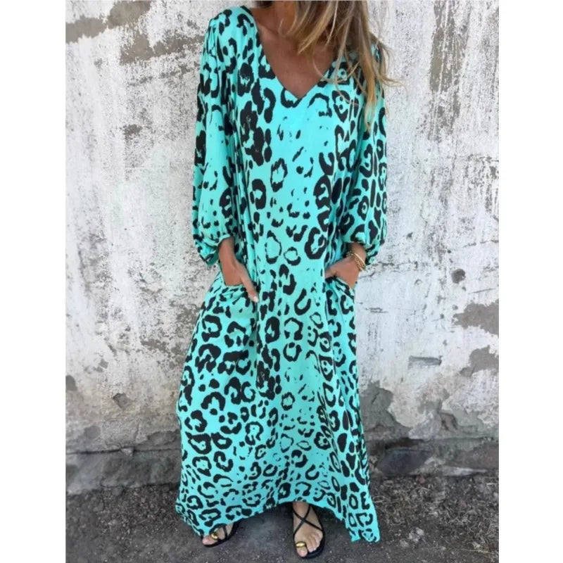 Women 2025 Spring Vintage Leopard Print Loose Long Dresses New Elegant V Neck Pocket Maxi Dress Autumn Lantern Sleeve Dress Robe