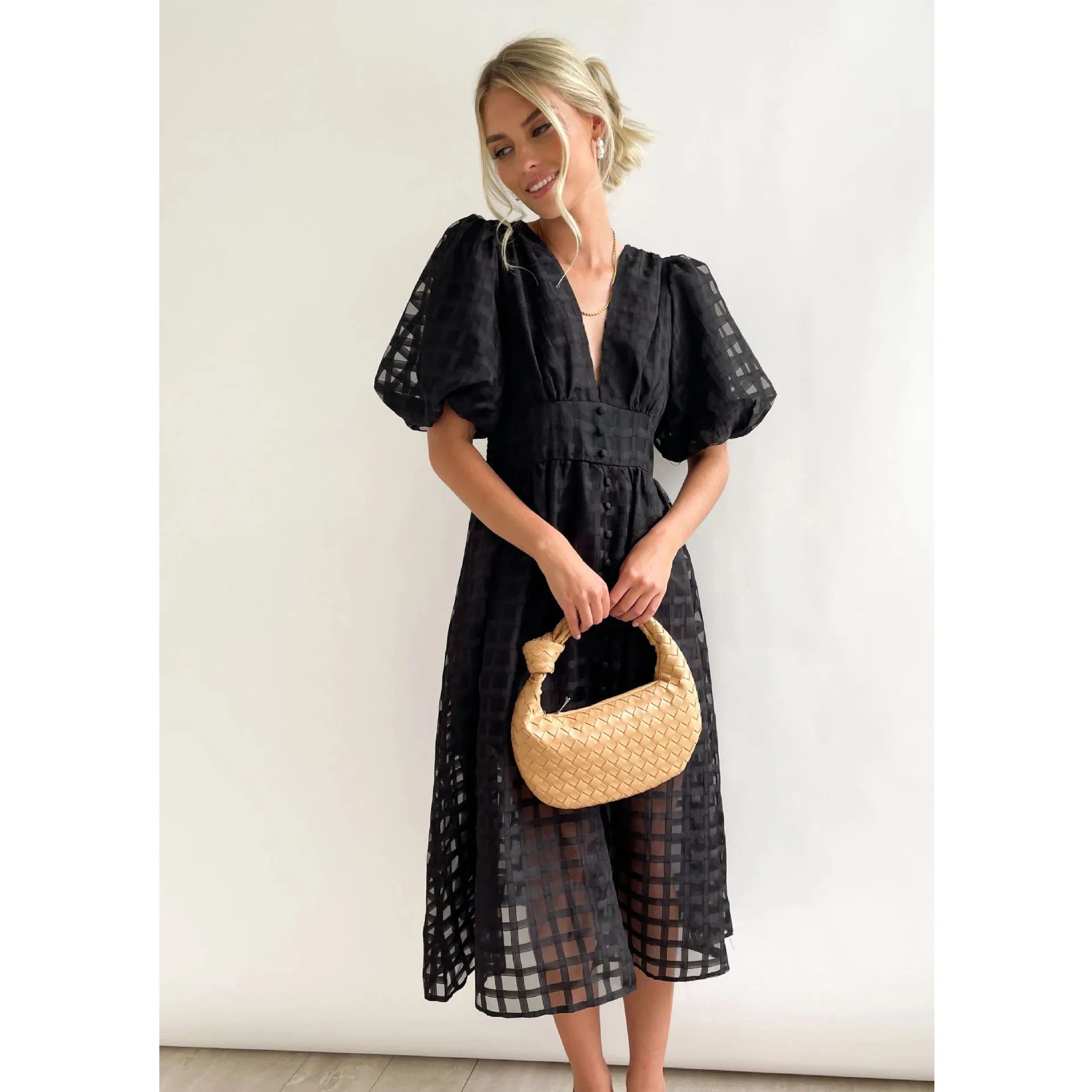 Women Solid Color Short Sleeve Dress V-Neck Lantern Sleeves Hollow Out High Waisted Long Skirt Holiday Casual Women'S Clothes