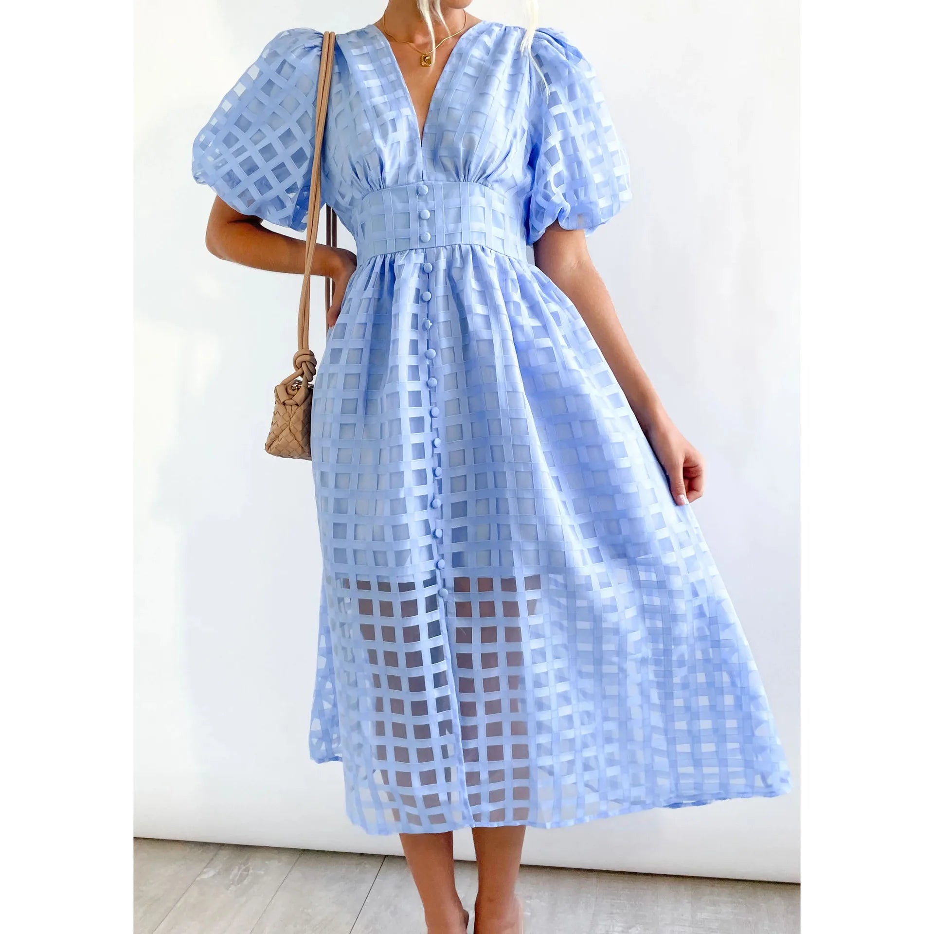 Women Solid Color Short Sleeve Dress V-Neck Lantern Sleeves Hollow Out High Waisted Long Skirt Holiday Casual Women'S Clothes